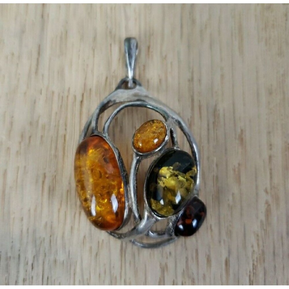 Vintage Tri Color Amber Pendant Cabochon 925 Sterling Silver Abstract Boho